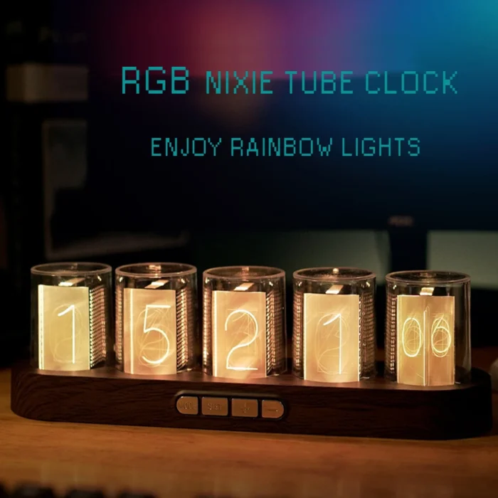 Horloge Nixie avec lumières led RVB base couleur bois