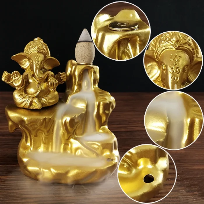 Brûleur d'encens à reflux doré avec statues de Ganesha