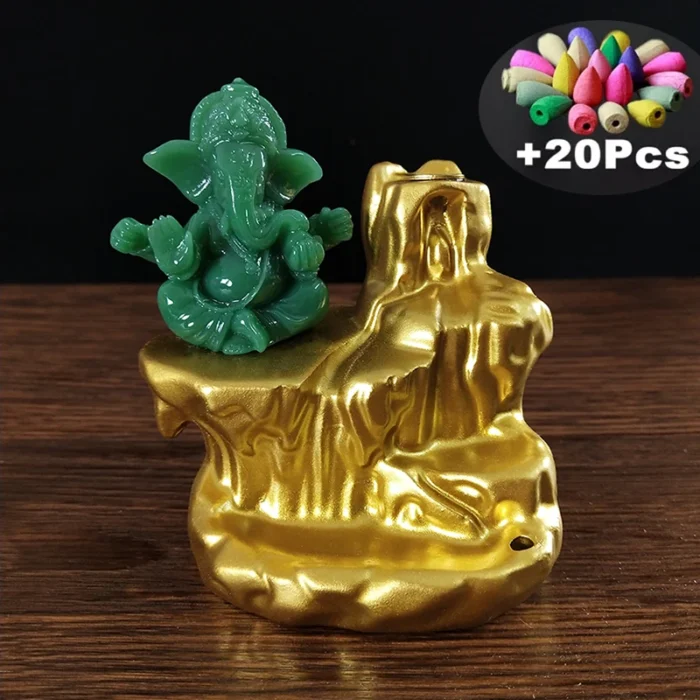 Brûleur d'encens à reflux doré avec statues de Ganesha