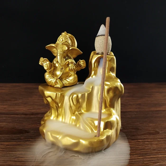 Brûleur d'encens à reflux doré avec statues de Ganesha