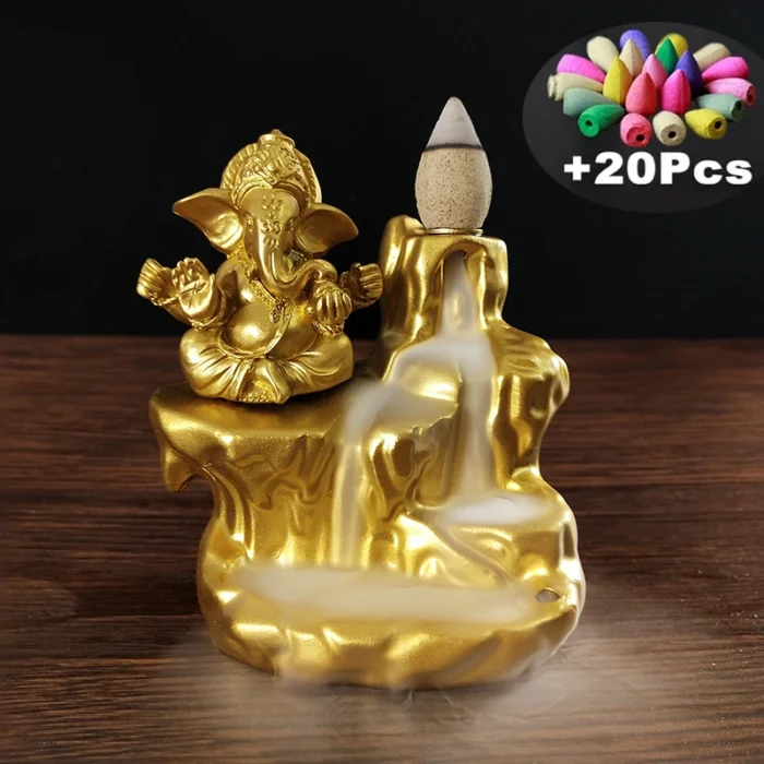 Brûleur d'encens à reflux doré avec statues de Ganesha