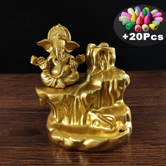 Brûleur d'encens à reflux doré avec statues de Ganesha