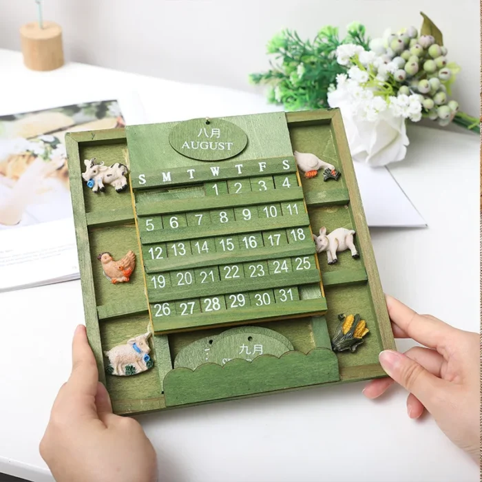 Calendrier perpétuel vintage en bois vert