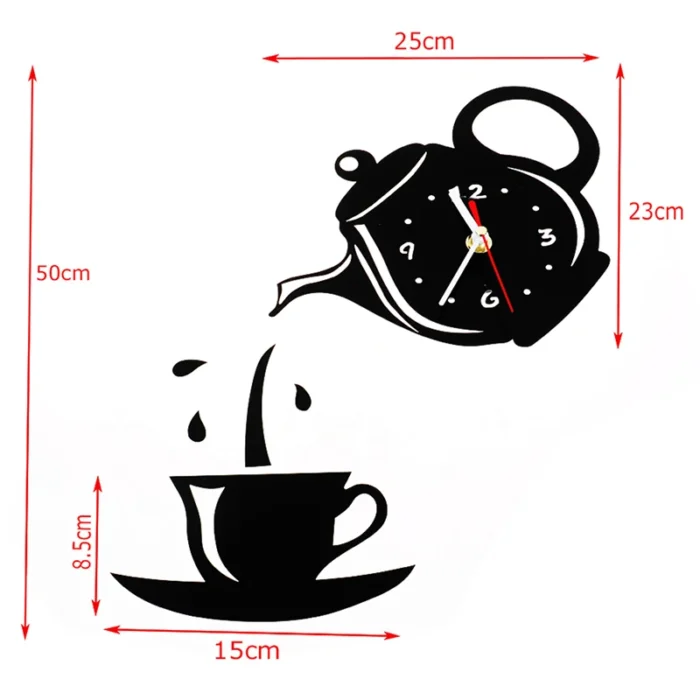 Horloge murale tasse à café et théière 3D en acrylique