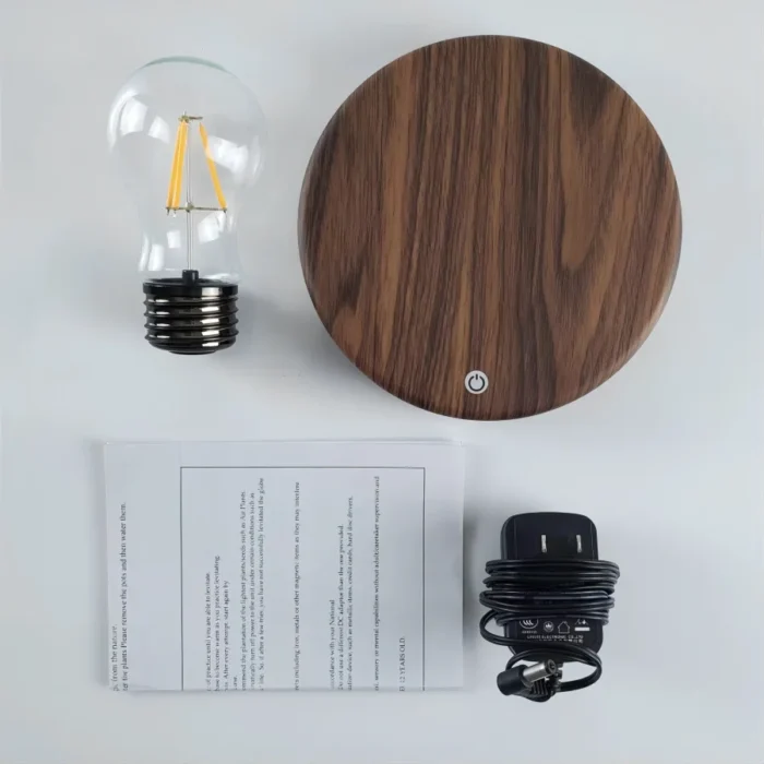 Lampe LED en lévitation avec base en bois