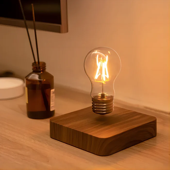 Lampe LED en lévitation avec base en bois