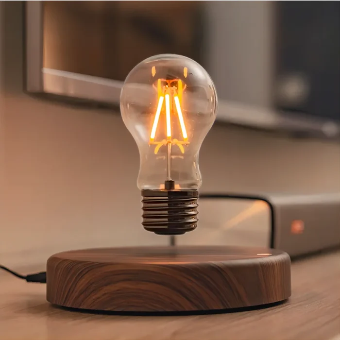 Lampe LED en lévitation avec base en bois